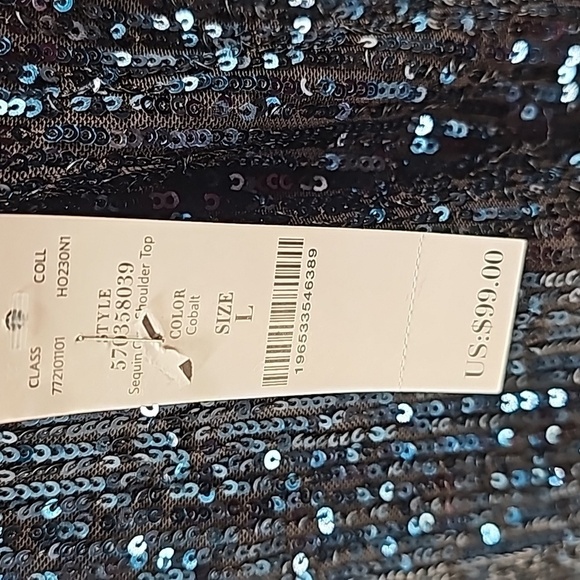 WHBM Blue Sequined Exposed Shoulder Evening Blouse - Picture 8 of 13